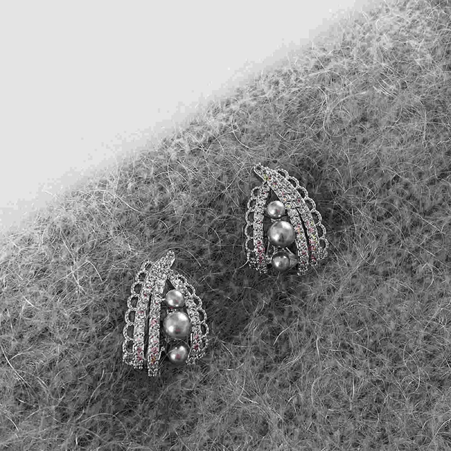 Elegant Lace Hoop Earrings White and Gray Pearl Earring Hoops with Silver Pin