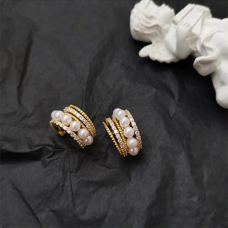 Gold Pearl Huggie Earrings | Pearl Huggie Hoop Earrings | Huggie Stud Earrings with Allergy-free Pins