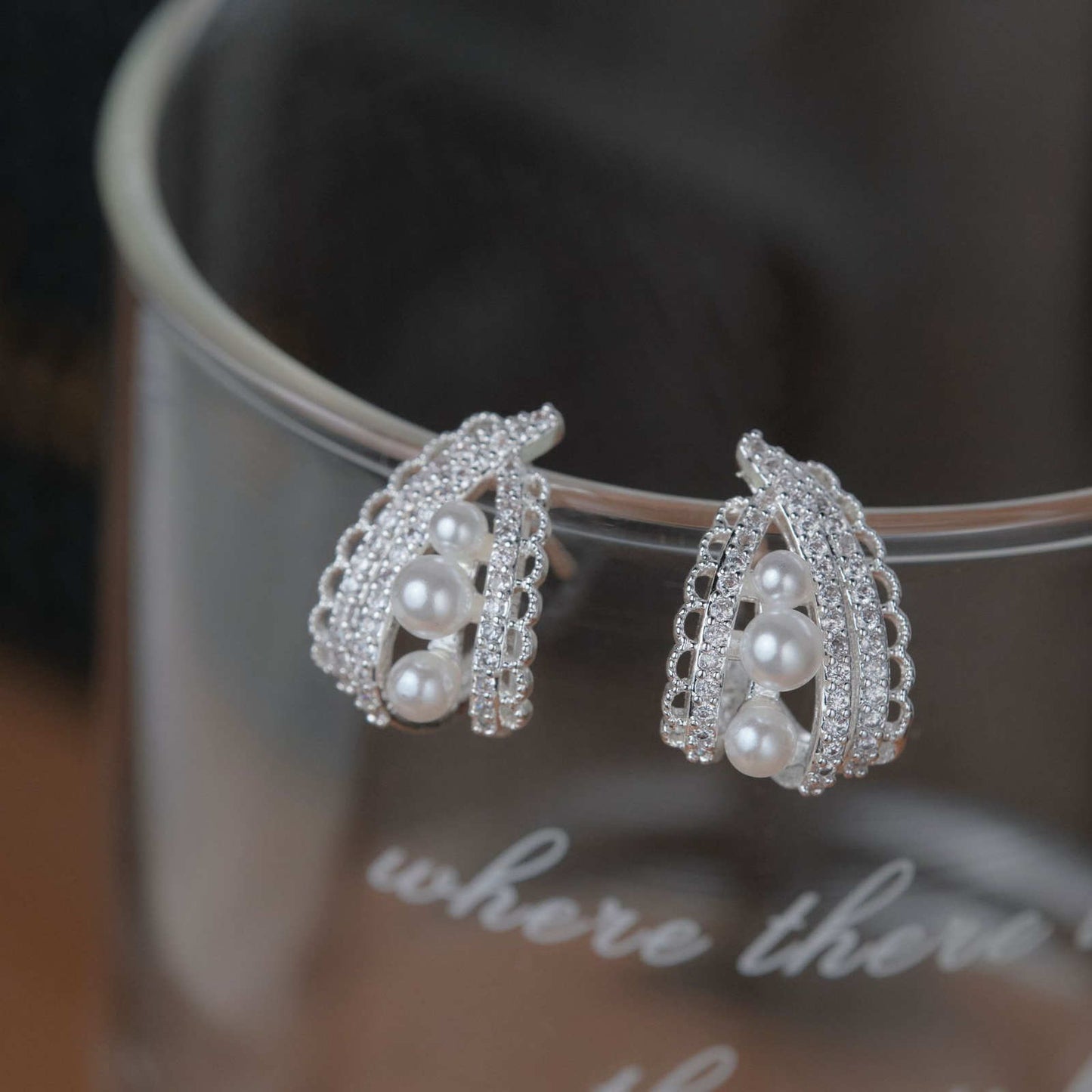 Elegant Lace Hoop Earrings White and Gray Pearl Earring Hoops with Silver Pin