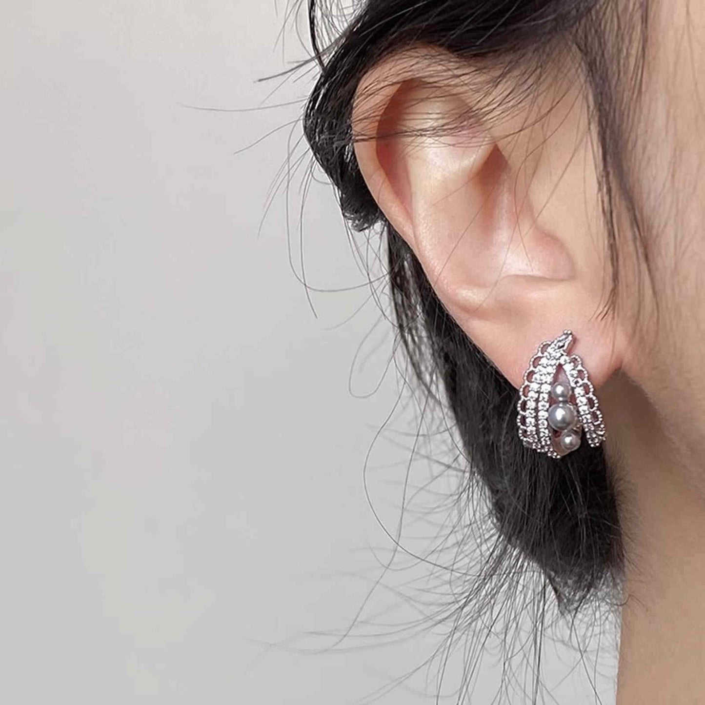 Elegant Lace Hoop Earrings White and Gray Pearl Earring Hoops with Silver Pin