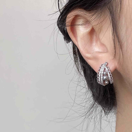 Elegant Lace Hoop Earrings White and Gray Pearl Earring Hoops with Silver Pin