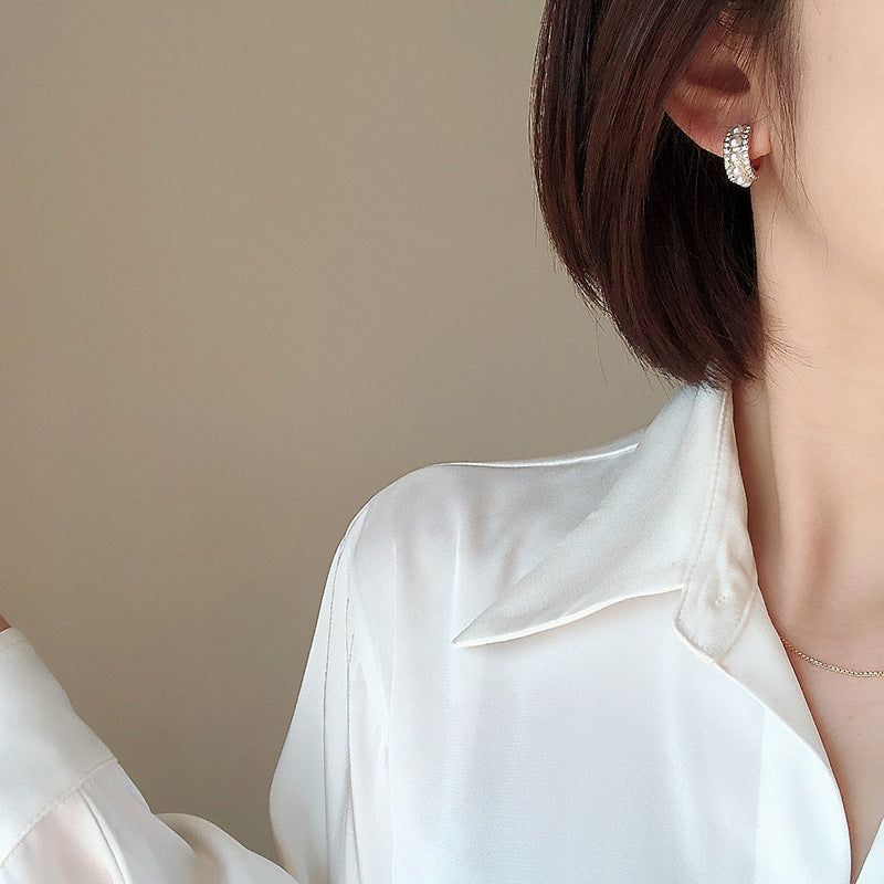 Vintage Small Pearl Hoop Earrings with Diamond for Women（4mm）