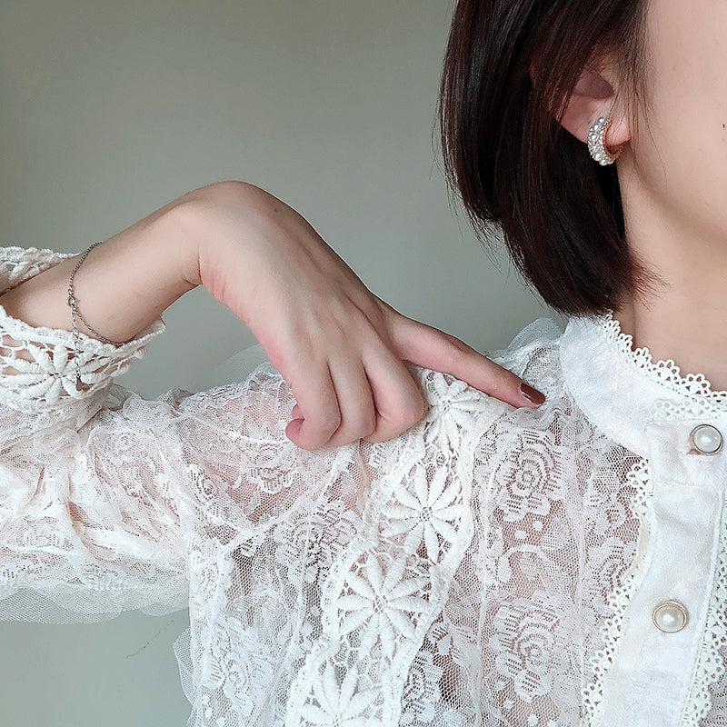 Vintage Small Pearl Hoop Earrings with Diamond for Women（4mm）