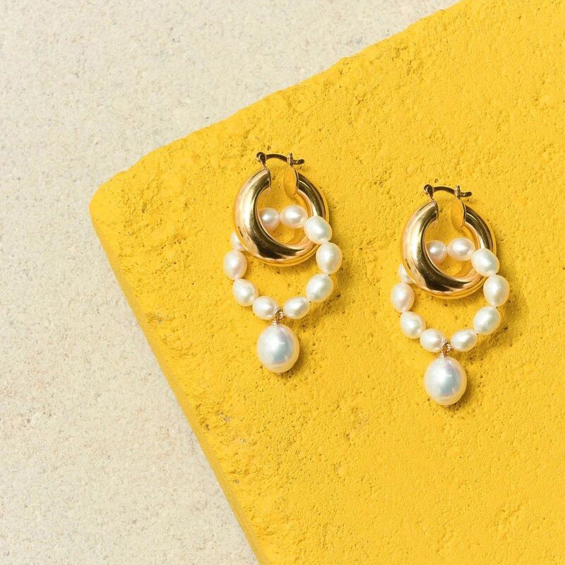 AAA Freshwater Pearl Dangle Earrings Gold Hoop with Pearl Drop Earrings in 14K Gold Over Sterling Silver Pin