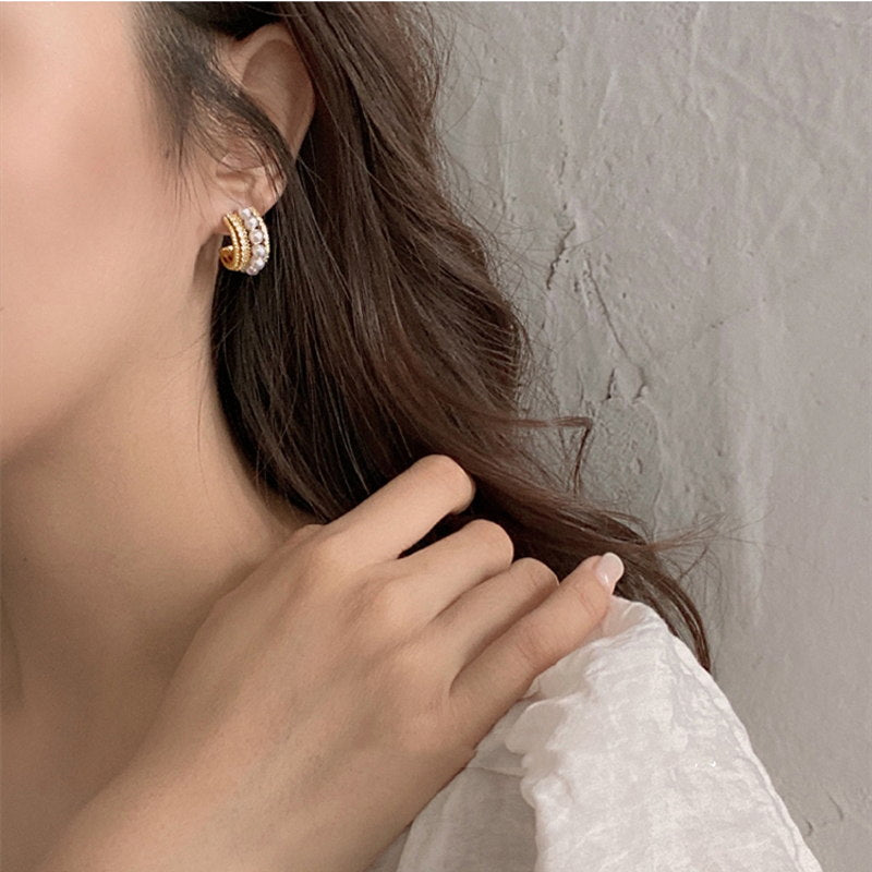 Gold Pearl Huggie Earrings | Pearl Huggie Hoop Earrings | Huggie Stud Earrings with Allergy-free Pins