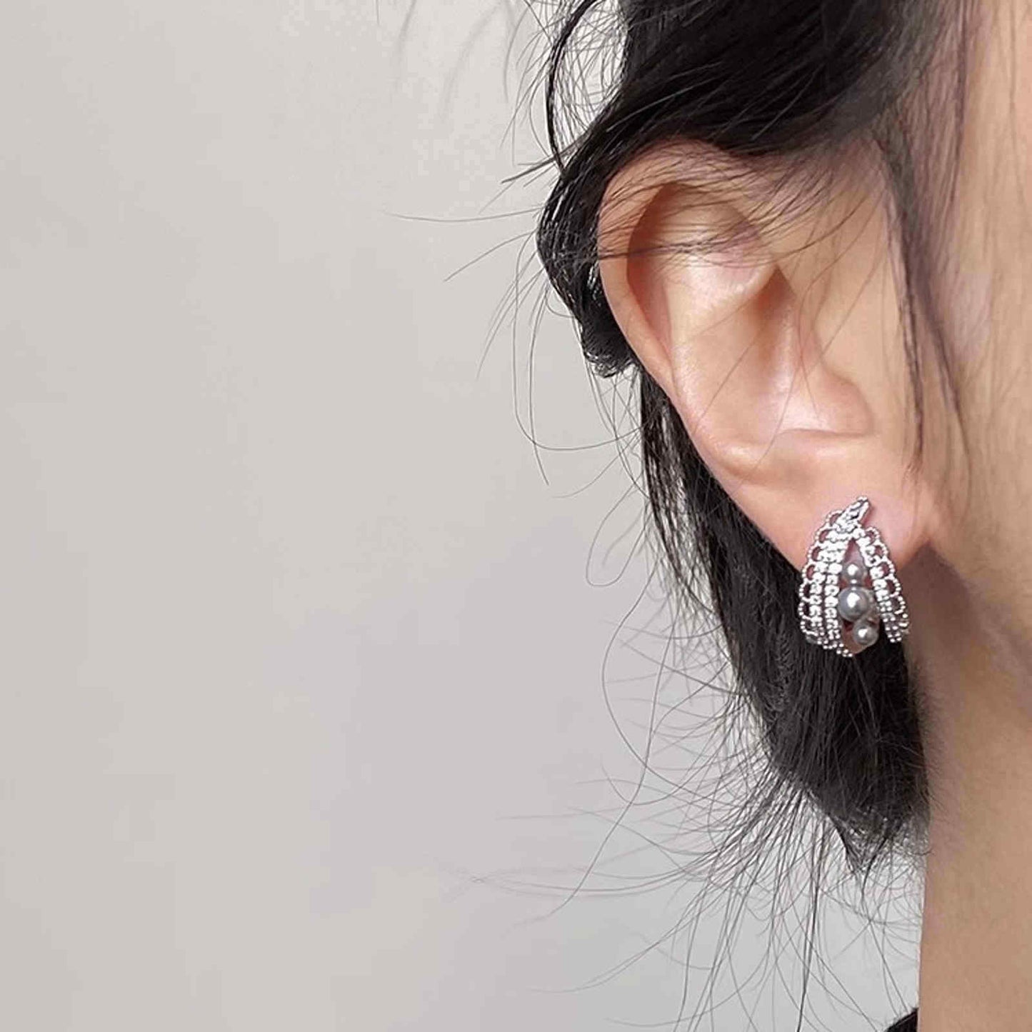 Elegant Lace Hoop Earrings White and Gray Pearl Earring Hoops with Silver Pin
