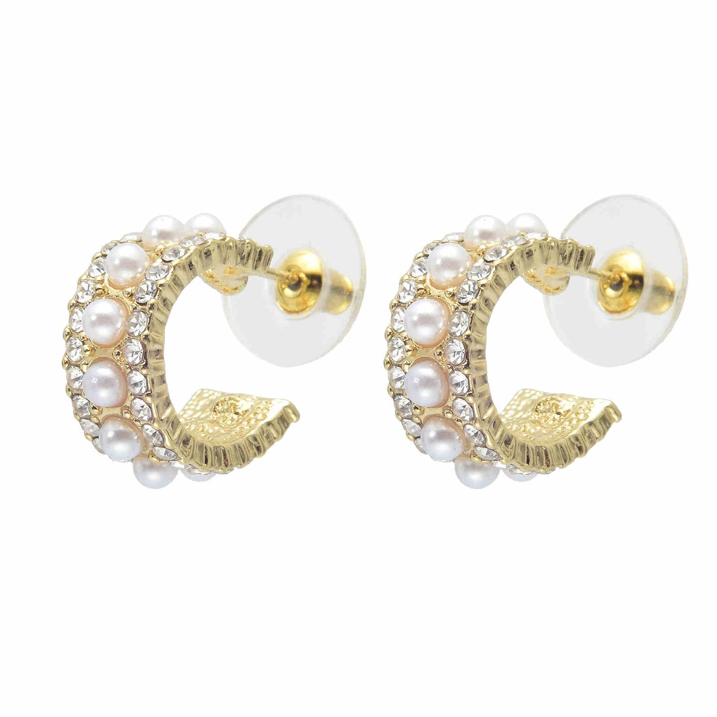Vintage Small Pearl Hoop Earrings with Diamond for Women（4mm）