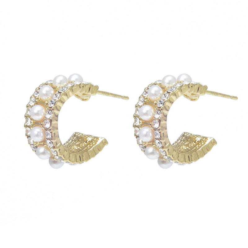 Vintage Small Pearl Hoop Earrings with Diamond for Women（4mm）