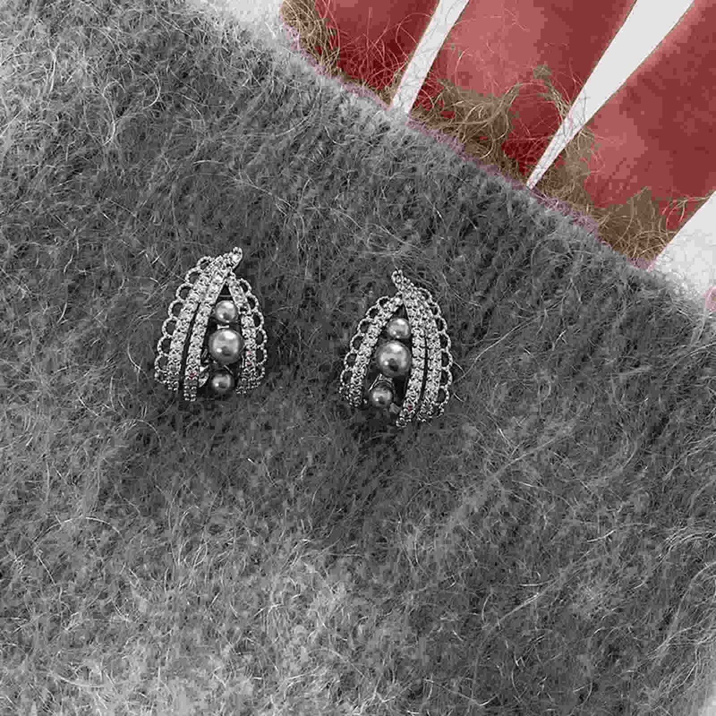 Elegant Lace Hoop Earrings White and Gray Pearl Earring Hoops with Silver Pin